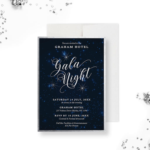a blue and silver gala night party invitation