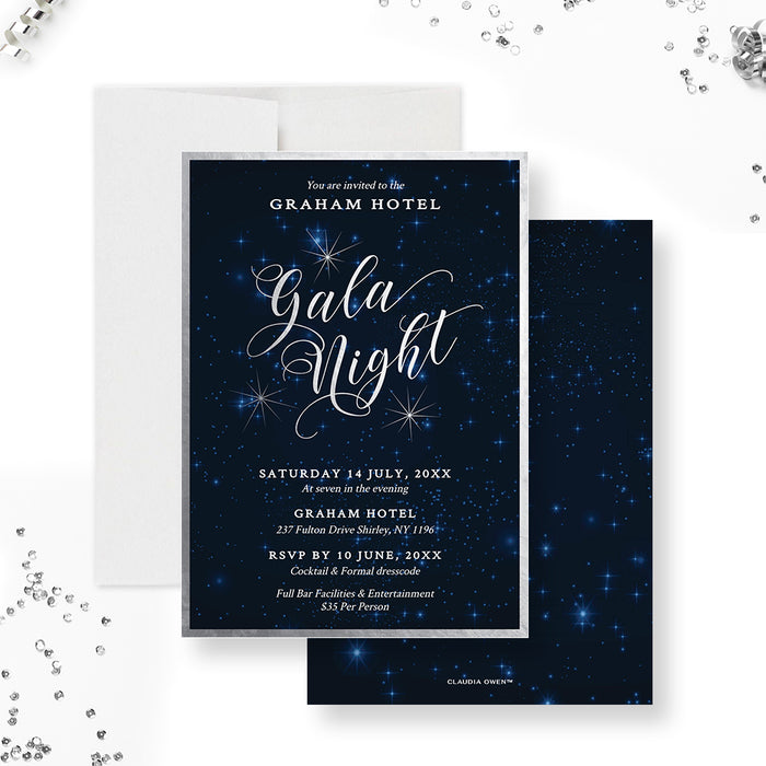 Silver Gala Night Party Invitation Template, Business Printable Invite Digital Download, Starry Night Sky Corporate Work Event
