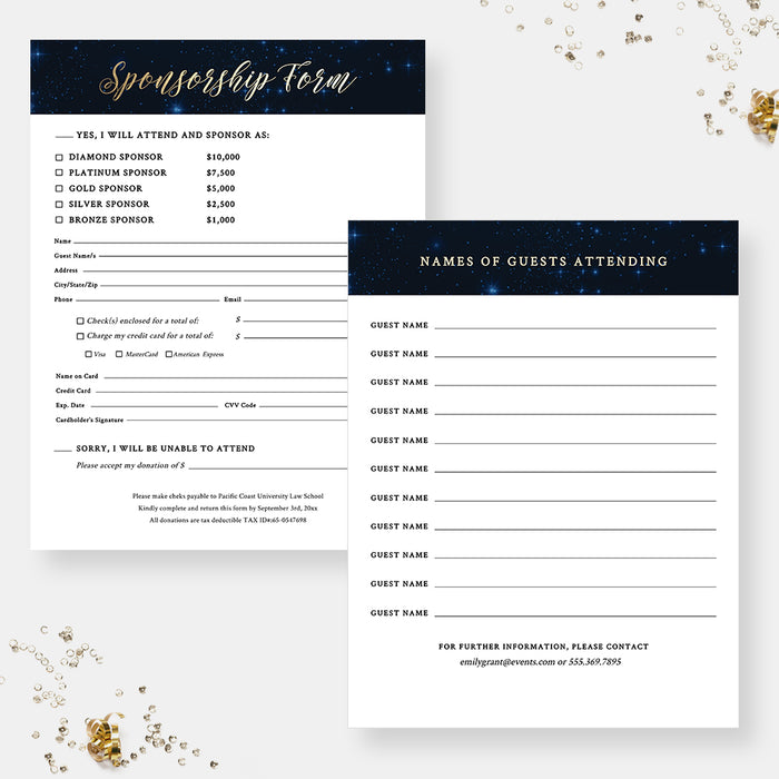 Sponsorship Form Template with Starry Night Design in Gold, Editable Event Sponsorship Package, Fundraising Sponsorship Template with Names of Guests, Printable Sponsorship Form Template