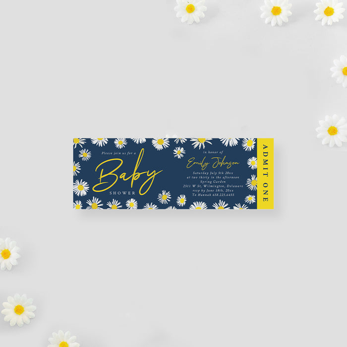 Daisy Baby Shower Ticket Invitation, Baby in Bloom Floral Baby Shower Ticket Invites with Spring Flowers, Boho Newborn Party Ticket with Daisy Pattern