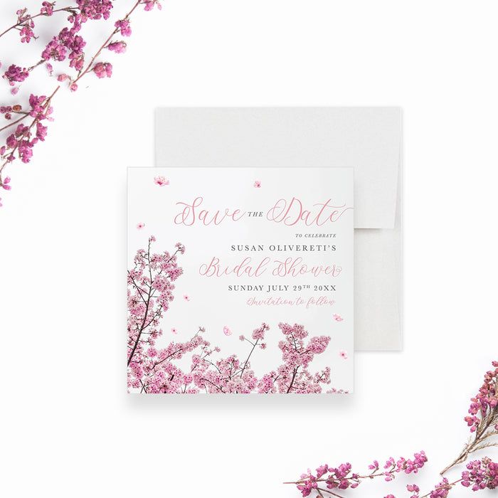 Cherry Blossom Save the Date Card for Bridal Shower, Japanese Sakura Save the Date for Bride To Be, Floral Birthday Save the Date with Spring Pink Flowers