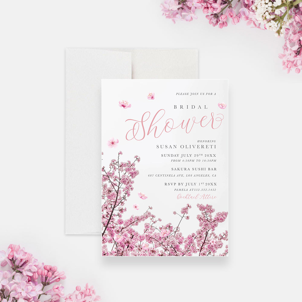 Cherry Blossom Invitation Card for Bridal Shower, Sakura Flower Invita