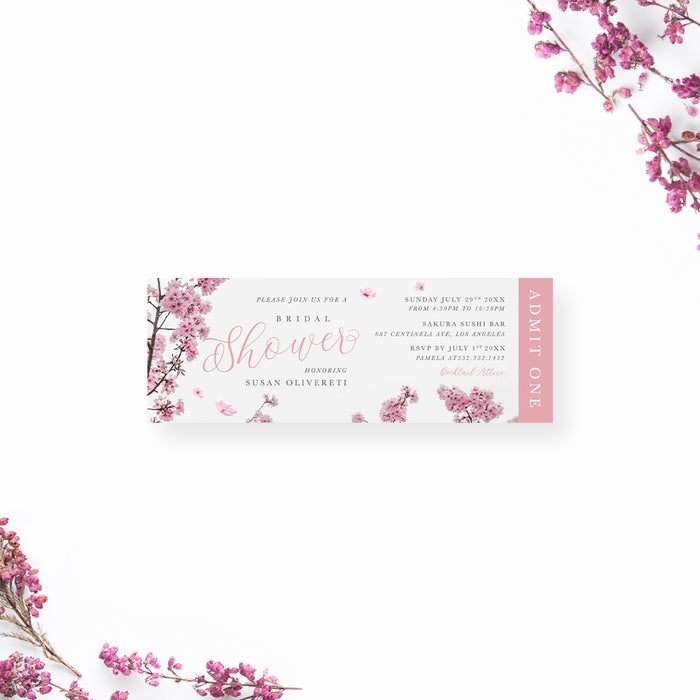 Cherry Blossom Ticket Invitation for Wedding Bridal Shower, Floral Spring Ticket with Pink Flowers, Birthday Ticket Invites with Japanese Sakura Flowers