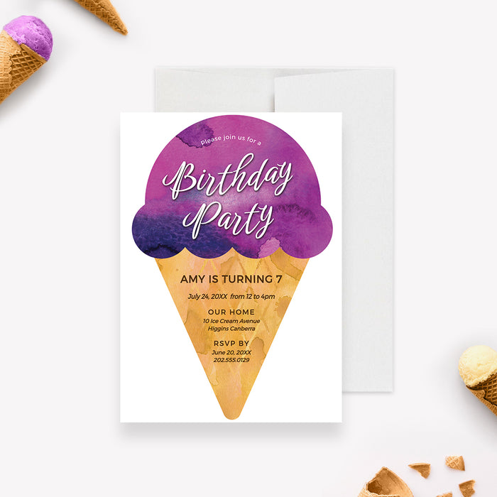 Summer Birthday Party Invitation Template, Kids Birthday Printable Digital Download with Ice Cream Cone, Hello Summer Invitation