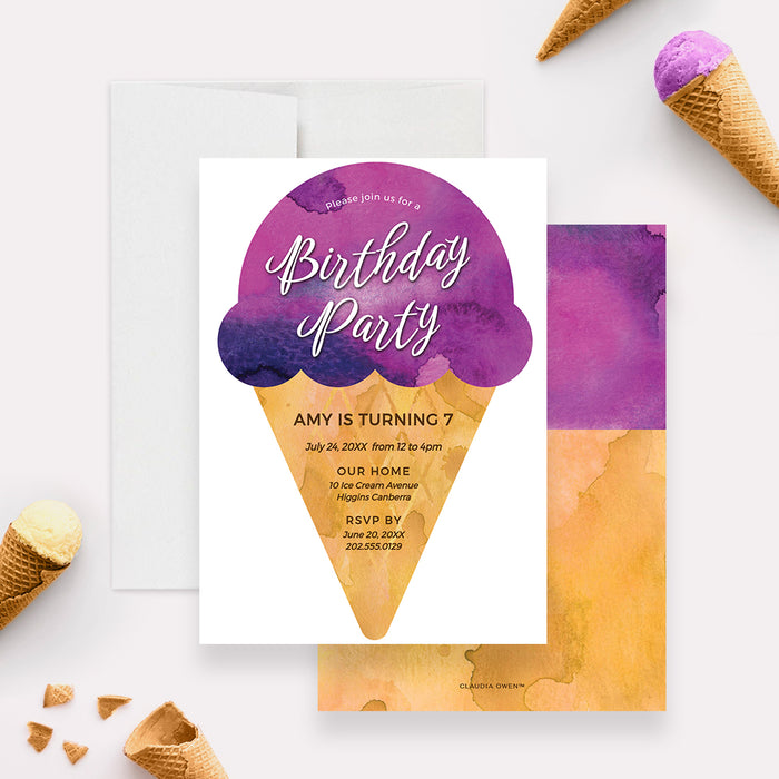 Summer Birthday Party Invitation Template, Kids Birthday Printable Digital Download with Ice Cream Cone, Hello Summer Invitation