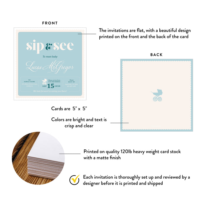 Personalized Baby Boy Sip and See Invitation with Stroller