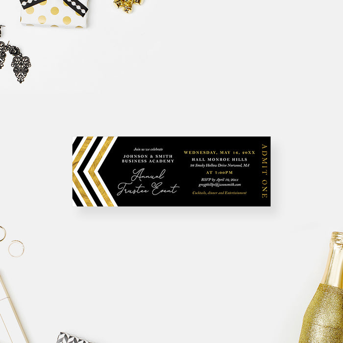 Black and Gold Ticket Card for Annual Trustee Event, Elegant Ticket Invitation for Charity Gala Night, Ticket Invites for Corporate Party