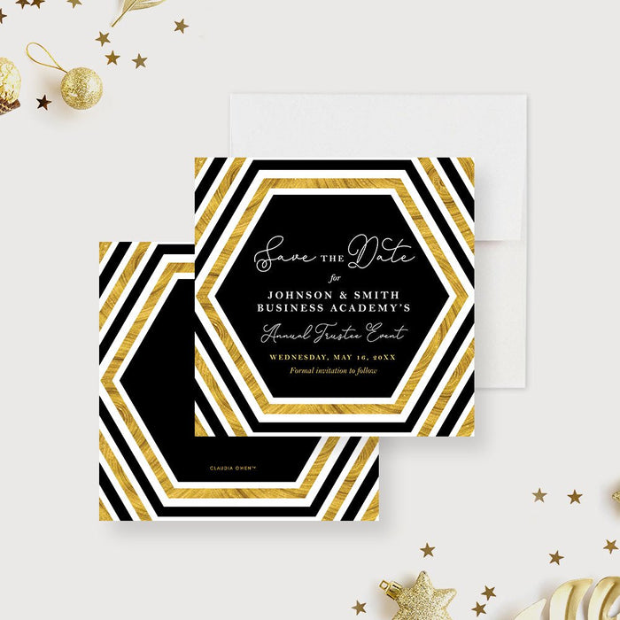 Black and Gold Save the Date Card for Annual Trustee Event with Hexagon Design, Elegant Save the Dates for Business Gala, Corporate Dinner Party Save the Dates