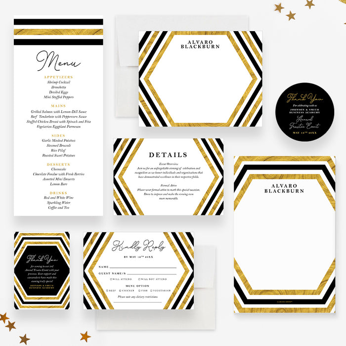 Black and Gold Invitation Card for Annual Trustee Event with Hexagon Design, Business Gala Invites, Elegant Corporate Party Invitation, Executive Dinner Invitation