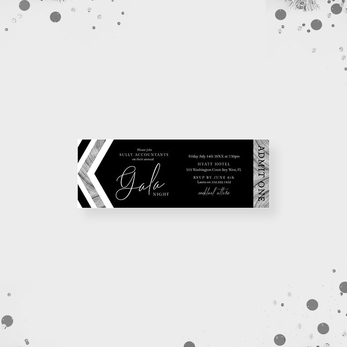 Silver and Black Ticket Invitation for Business Gala Night Party, Elegant Ticket Invites for Company Fundraising Party, Client Appreciation Dinner Ticket Card