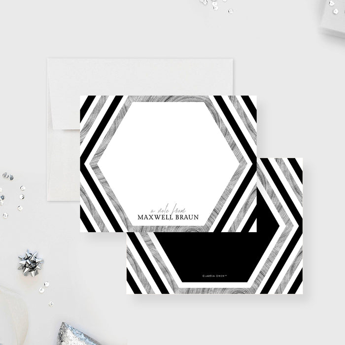 Silver and Black Note Card with Hexagon Design, Personalized Thank You Note for Business Gala, Elegant Stationery for the Office, Fundraising Thank You Card