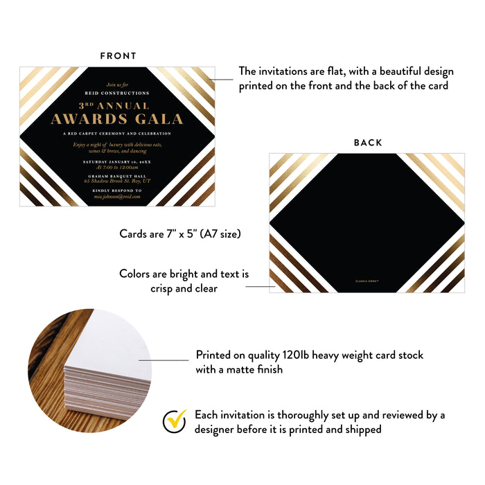Elegant Invitation Card for Annual Awards Gala in Black and Gold, Fundraising Party Invites, Business Recognition Event, Service Awards Ceremony Invitation, Banquet Invitation