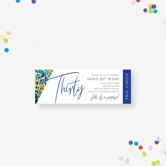 Its a Surprise Birthday Party Ticket Card, Ticket Invitation for 30th 40th 50th 60th 70th 80th 90th Birthday Celebration with Modern Abstract Pattern in Tropical Colors