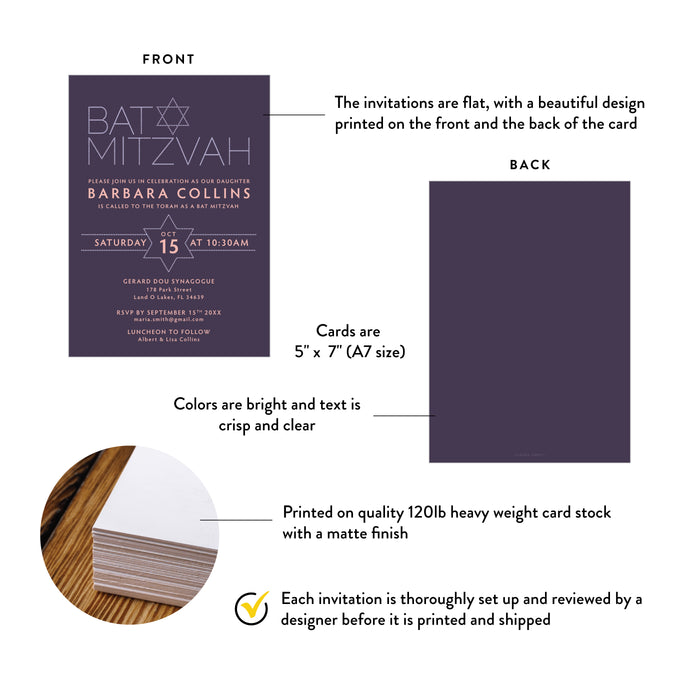Personalized Modern Purple Bat Mitzvah Invitation with Star of David
