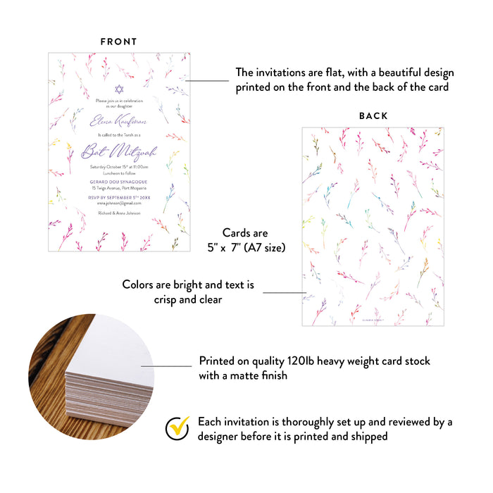 Personalized Colorful Watercolor Wildflower Bat Mitzvah Invitation
