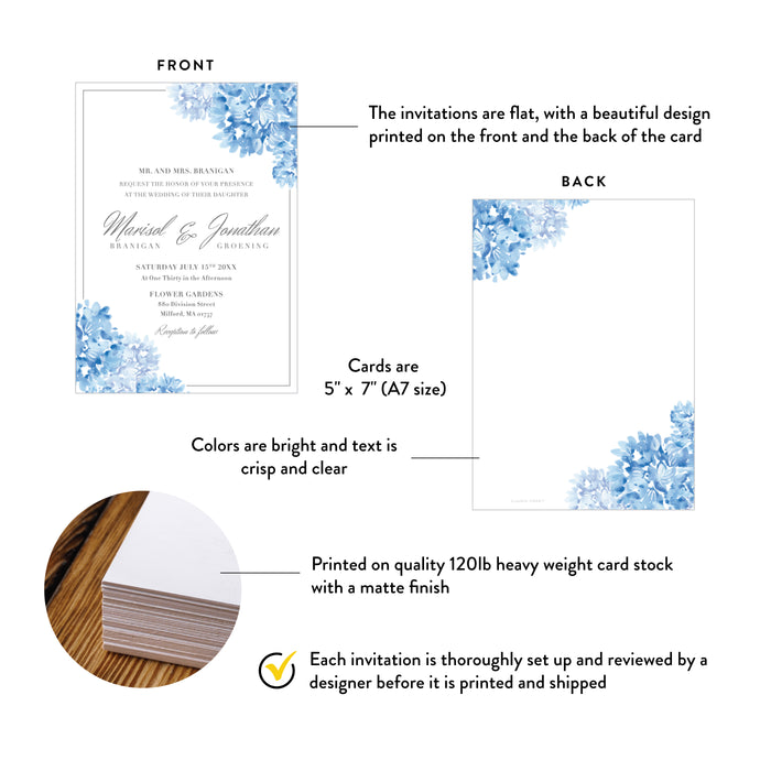 Personalized Blue Watercolor Hydrangea Garden Wedding Invitation