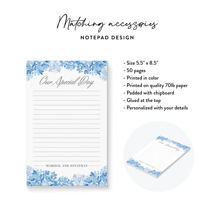 Personalized Blue Hydrangea Wedding Notepad Gift for Couples
