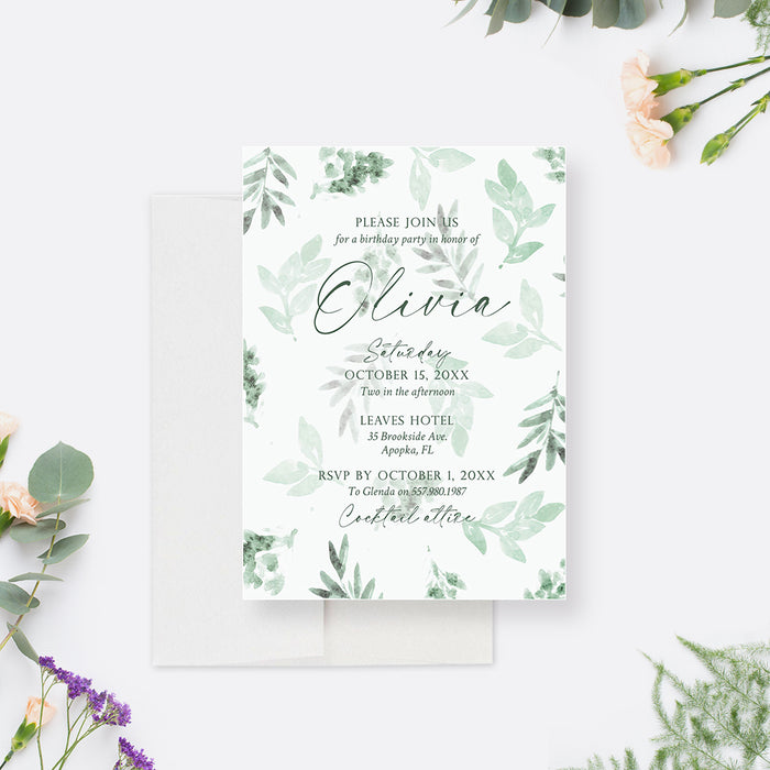 Greenery Birthday Invitation Card with Watercolor Leaf Design, Summer Birthday Invites, Summer Bridal Shower Invitations