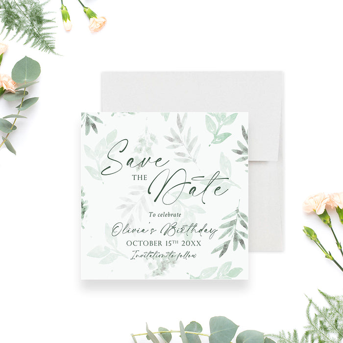 Greenery Birthday Save the Date Card with Watercolor Leaf Design, Botanical Bridal Shower Save the Dates, Summer Birthday Save the Date