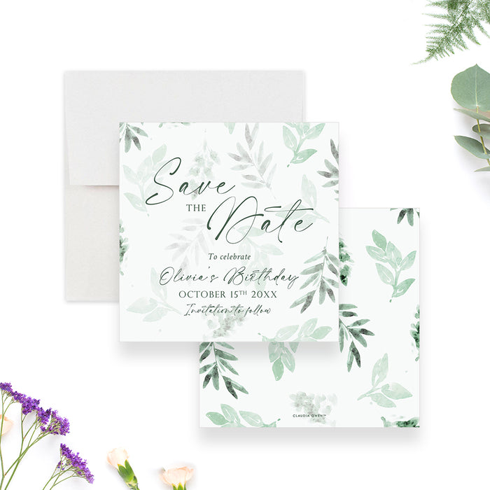 Greenery Birthday Save the Date Card with Watercolor Leaf Design, Botanical Bridal Shower Save the Dates, Summer Birthday Save the Date