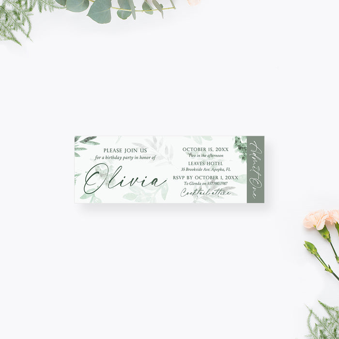 Greenery Birthday Ticket Invitation with Watercolor Leaf Design, Botanical Bday Ticket Invites, Summer Birthday Ticket Card, Outdoor Bridal Shower Tickets
