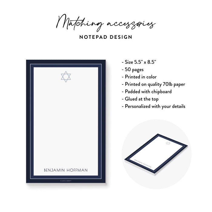 Navy Blue Bar Mitzvah Personalized Notepad with Star of David