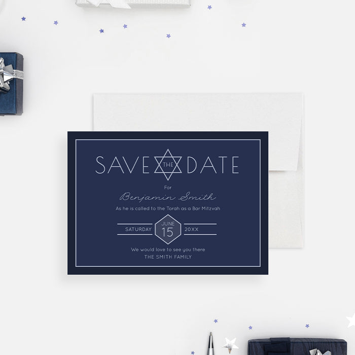 Bar Mitzvah Save the Date Card, Jewish Birthday Celebration Save the Date with Star of David, Save the Date for Hebrew Religious Party