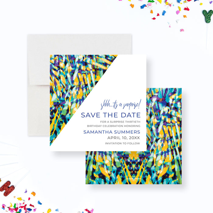 Colorful Save the Date Card for Thirtieth Birthday, Save the Dates for 30th 40th 50th 60th 70th 80th 90th Birthday Celebration with Modern Abstract Pattern in Tropical Colors