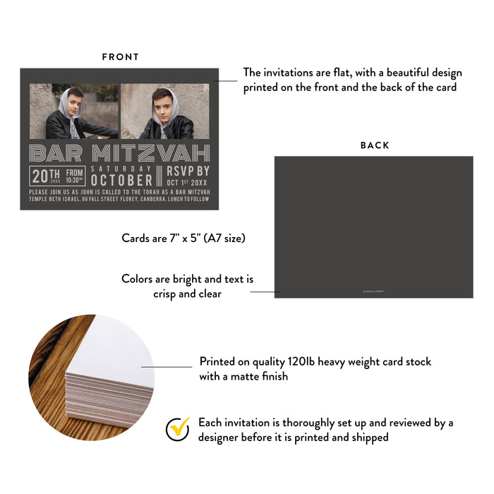 Personalized Modern Photo Bar Mitzvah Invitation in Gray