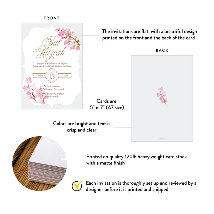 Personalized Pink Watercolor Floral Bat Mitzvah Invitation