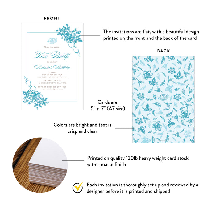 Personalized Blue Florals Tea Party Birthday Invitation