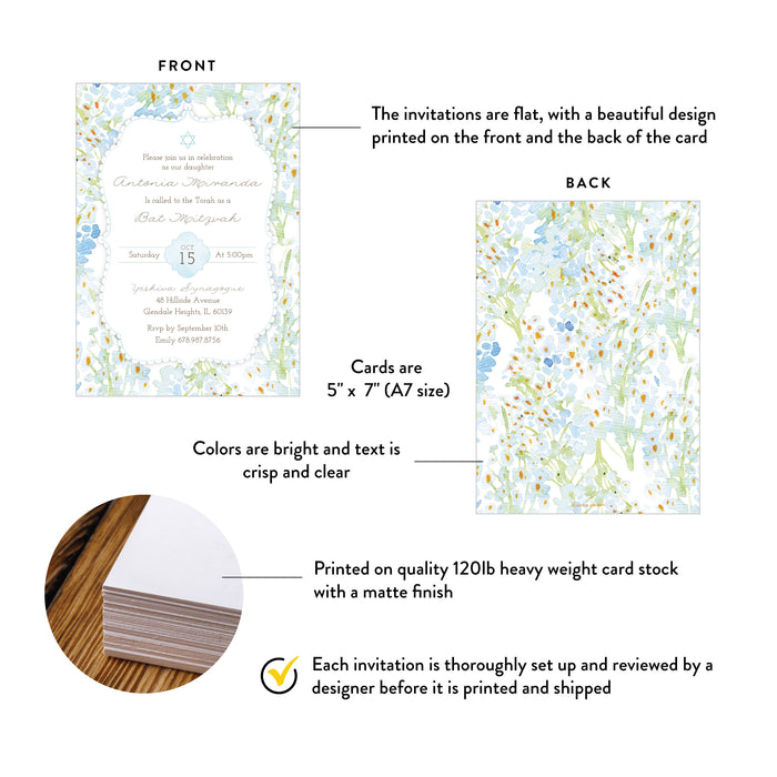 Blue Floral Bat Mitzvah Invitation with Star of David