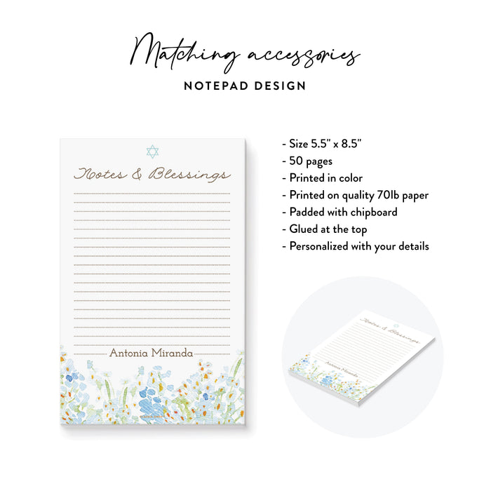 Personalized Watercolor Floral Jewish Notepad Bat Mitzvah Gifts