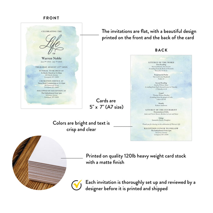 Personalized Watercolor Celebration of Life Funeral Invitation