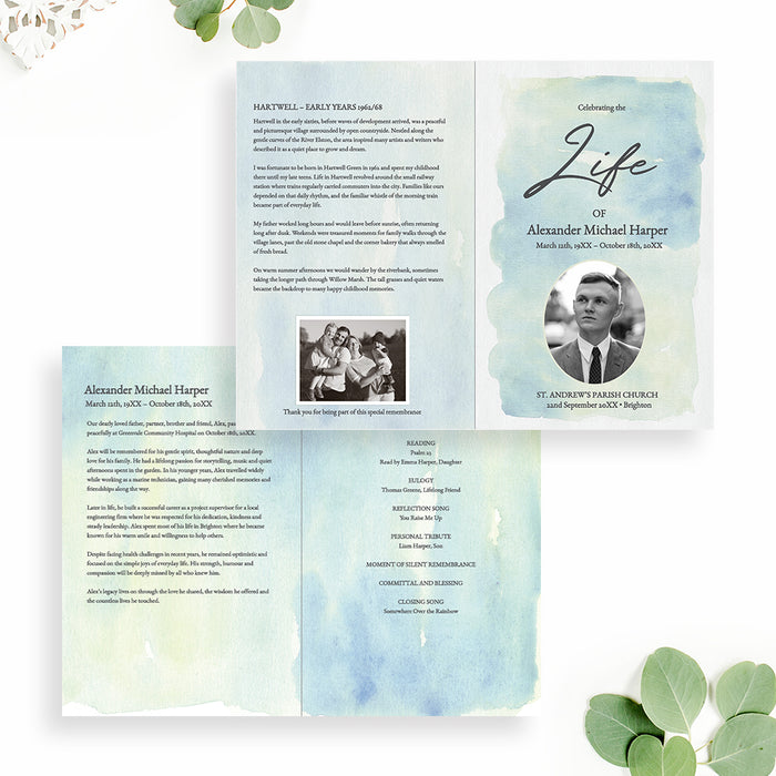 Celebration of life funeral program digital template featuring soft watercolor memorial design