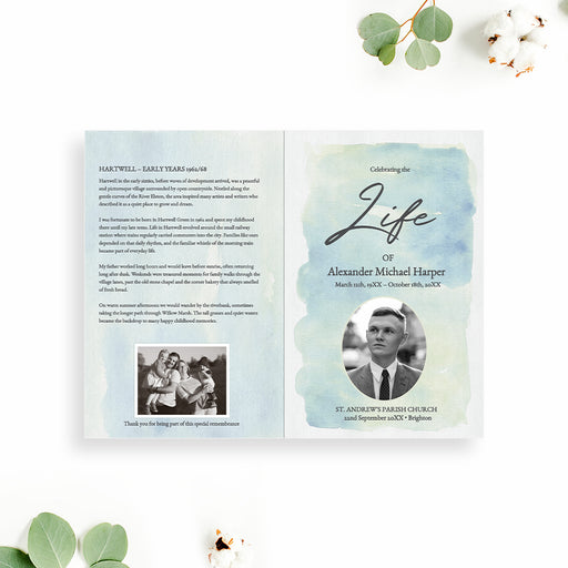 Celebration of life funeral program digital template featuring soft watercolor memorial design