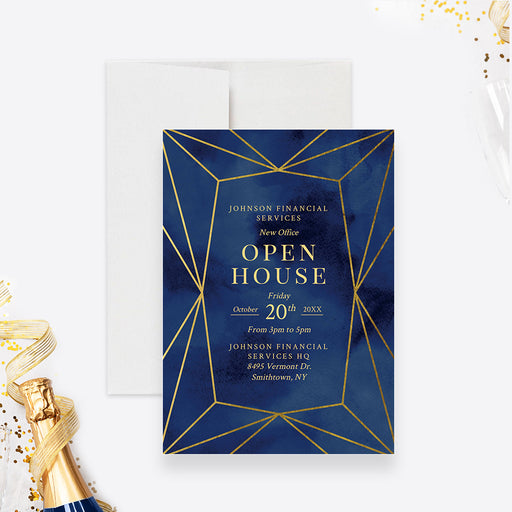 a blue and gold open house party invitation card