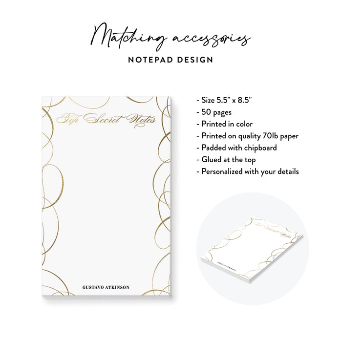Personalized Gold Secret Notes Notepad with Elegant Swirls
