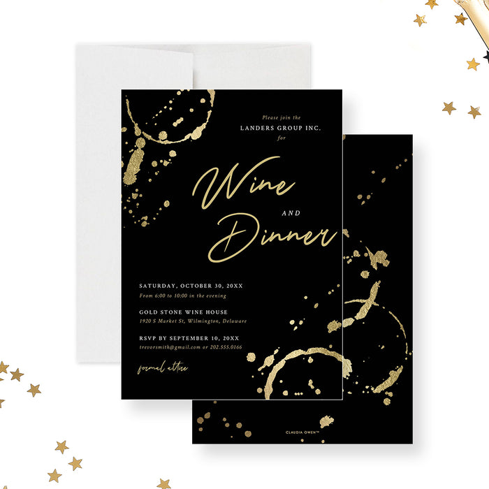 Wine and Dinner Party Invitation in Black and Gold, Wine Tasting Celebration Invitation Card, Brewery Rehearsal Dinner Invitations, Company Dinner Invites