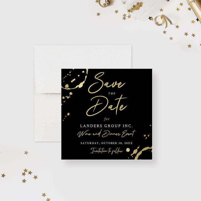 Wine and Dine Save the Date Card in Black and Gold, Winery Party Save the Dates, Elegant Save the Date for Rehearsal Dinner Party, Cocktail Party Save the Date