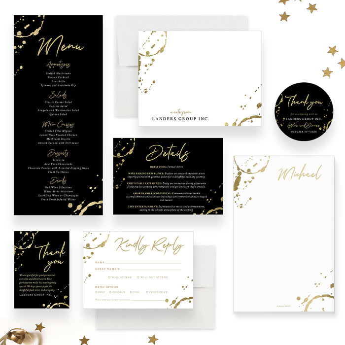 Wine and Dinner Party Invitation in Black and Gold, Wine Tasting Celebration Invitation Card, Brewery Rehearsal Dinner Invitations, Company Dinner Invites