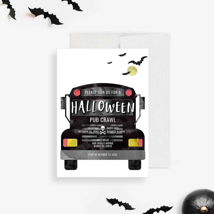 Halloween Party Bus Invitation Template, Bus Birthday Bar Crawl Instant Digital Download, Bar Hop Printable Card