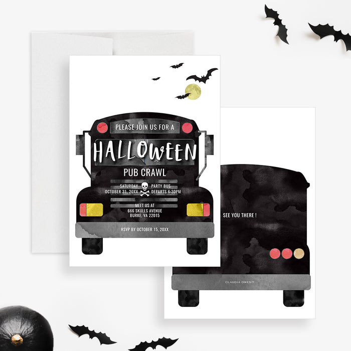 Halloween Party Bus Invitation Template, Bus Birthday Bar Crawl Instant Digital Download, Bar Hop Printable Card