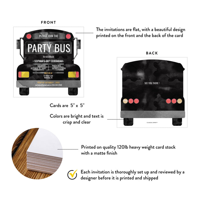 Party Bus Birthday Invitation for Adults Personalized Printed Card
