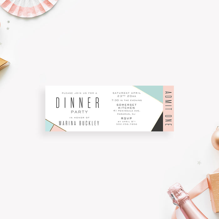 Unique Birthday Party Ticket Invitation, Geometric Ticket for Cocktail Celebration, Business Dinner Party Ticket Invites Personalized with Your Own Colors