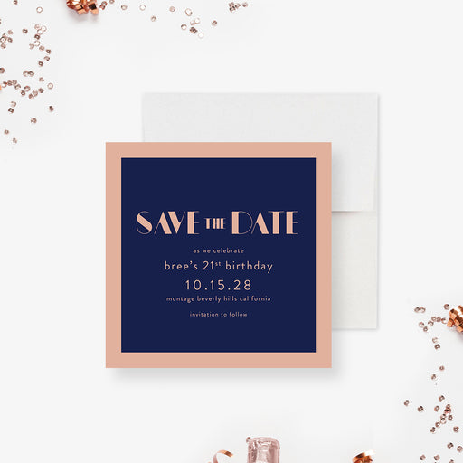 a blue and pink save the date card