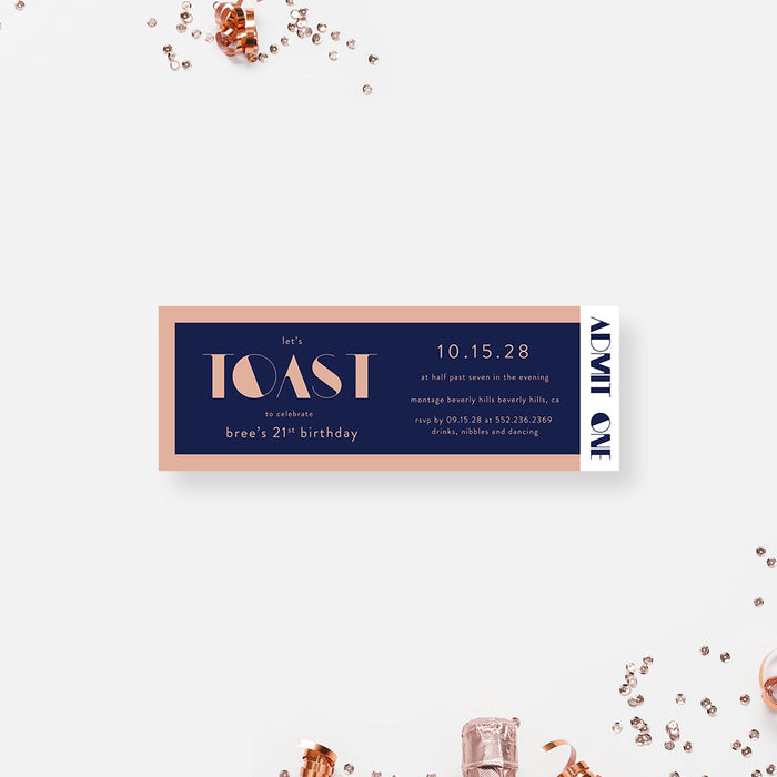 a blue and pink ticket invitation with word toast written on it