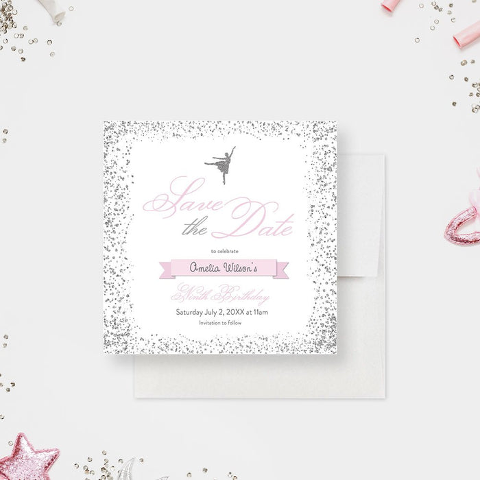 Ballerina Birthday Save the Date Card in Silver and Pink, Tutu Two Ballet Dance Save the Date, Dance and Twirl Save the Date for Girls Birthday Party