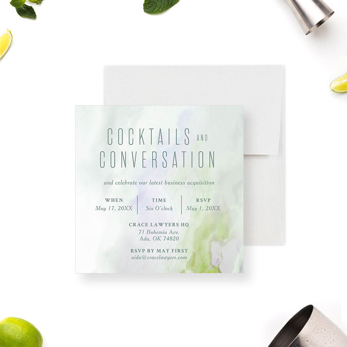 Elegant Cocktails and Conversation Invitation Card with Marble Design, Business Happy Hour Party Invites, After Work Drinks Celebration Invitation