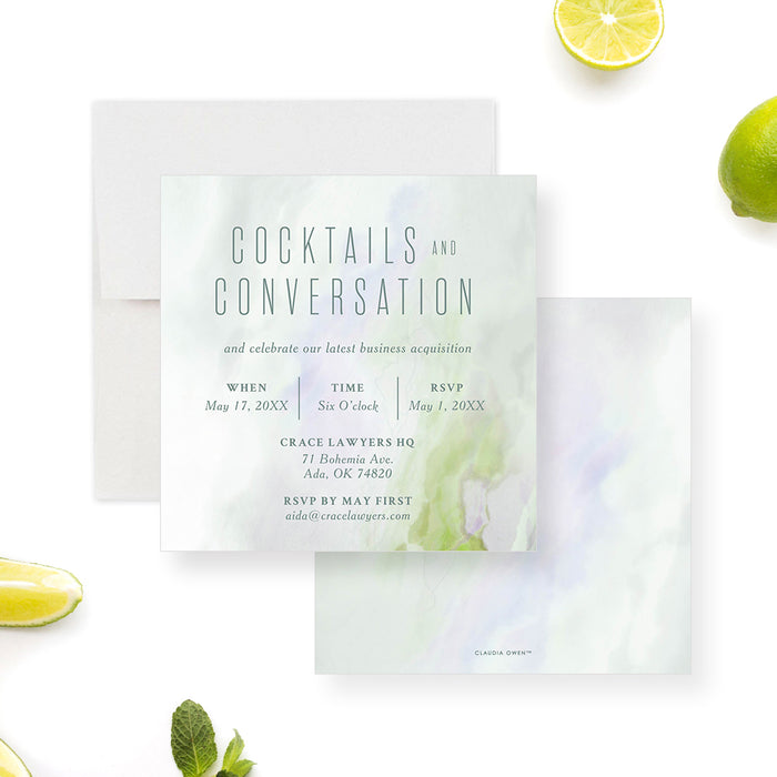 Elegant Cocktails and Conversation Invitation Card with Marble Design, Business Happy Hour Party Invites, After Work Drinks Celebration Invitation